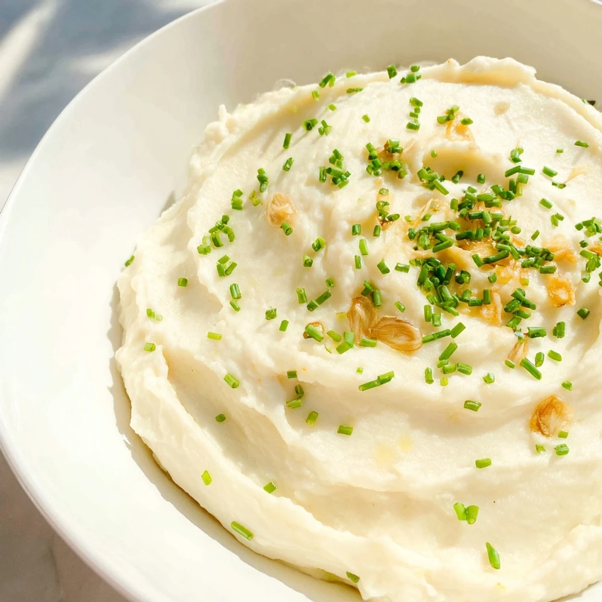 Smooth and velvety roasted garlic mashed cauliflower garnished with chives and a pat of melting butter.