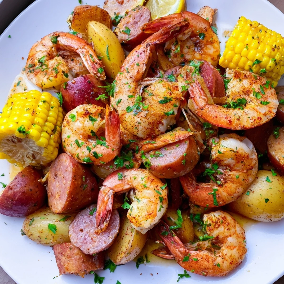 Cajun Shrimp Boil with Corn and Potatoes steaming in a large pot, showcasing pink shrimp and bright yellow corn on the cob.