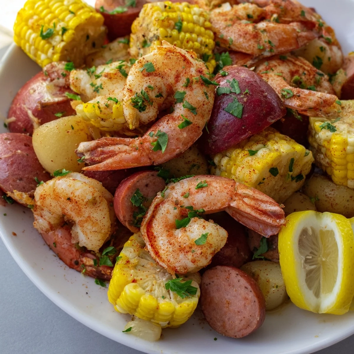Succulent Cajun Shrimp Boil with Corn and Potatoes served with lemon wedges and melted butter, ready for a summer gathering.