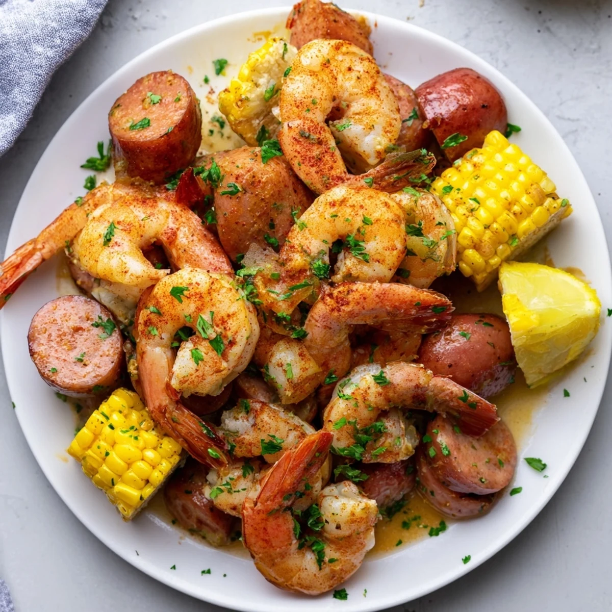 Cajun Shrimp Boil with Corn and Potatoes piled high on a newspaper-lined table, perfect for a messy, flavorful backyard feast.