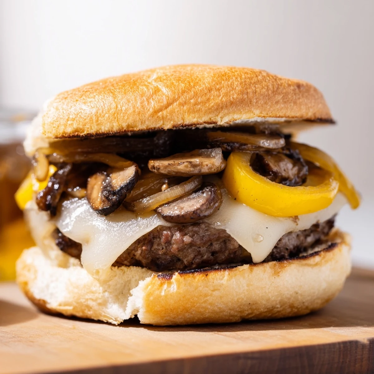 In this Beef Burger with Caramelized Onions and Mushrooms, the juicy beef patty is topped with sweet onions and savory mushrooms.