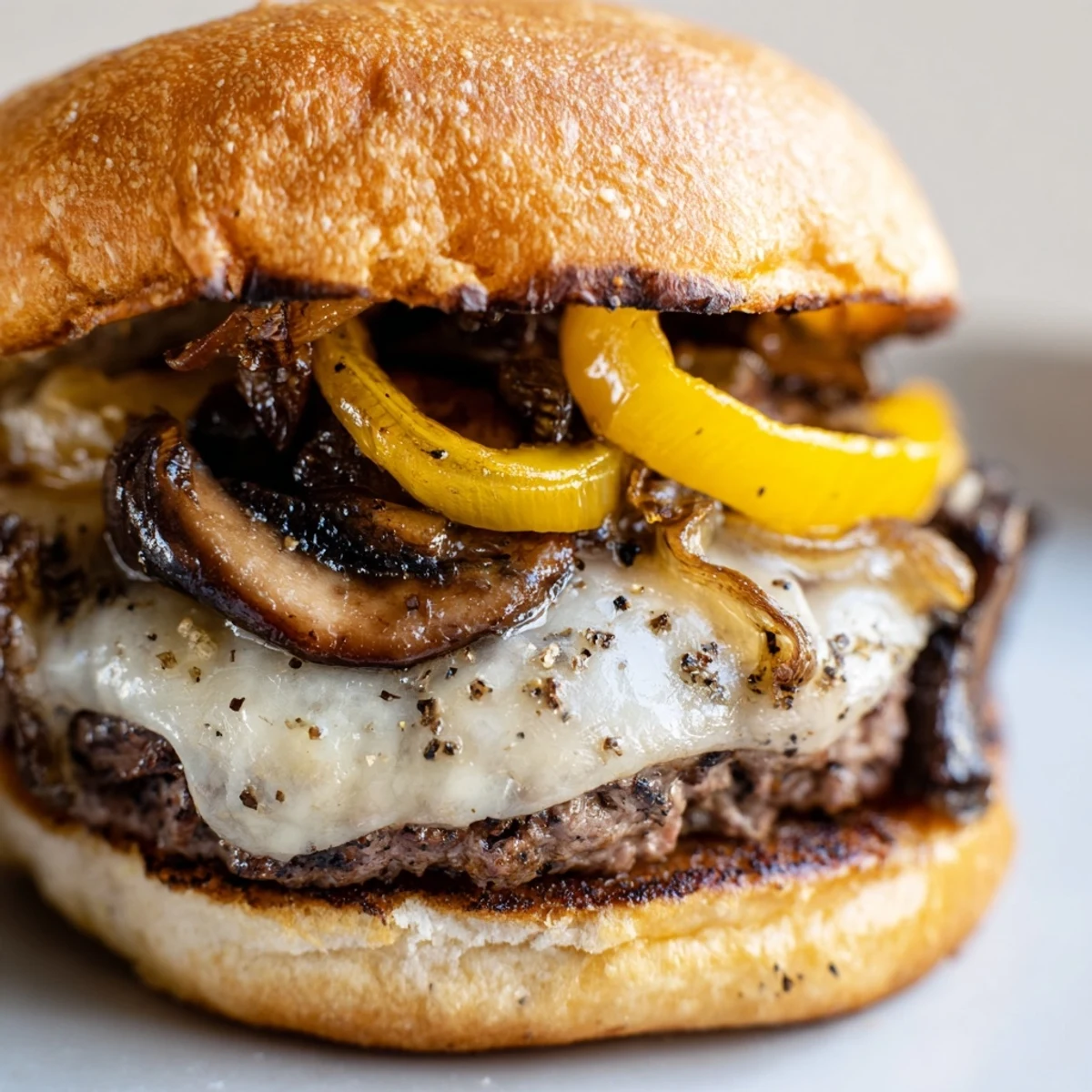 A close-up of the Beef Burger with Caramelized Onions and Mushrooms, showcasing melted cheese and a toasted bun on a rustic wooden board.