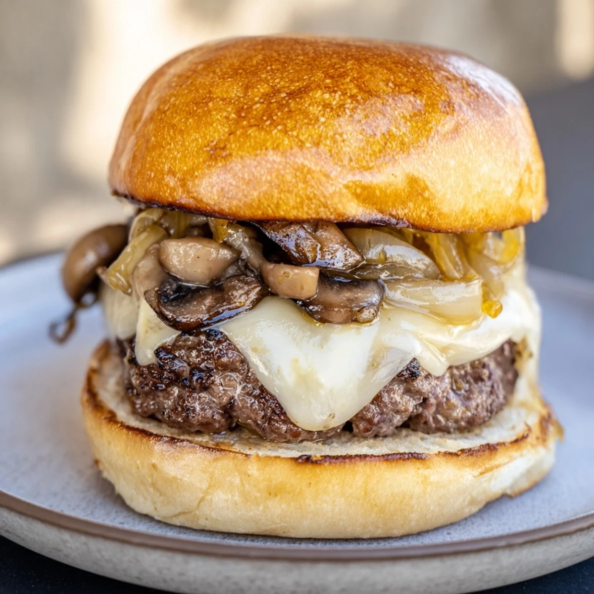A serving of the Beef Burger with Caramelized Onions and Mushrooms with a side of fries, highlighting the glistening toppings.