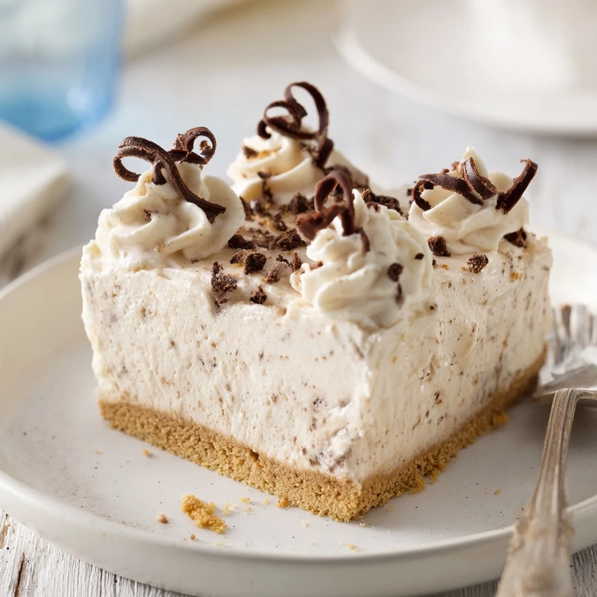 Decadent Irish Cream Cheesecake topped with fluffy whipped cream and chocolate shavings on a serving plate.