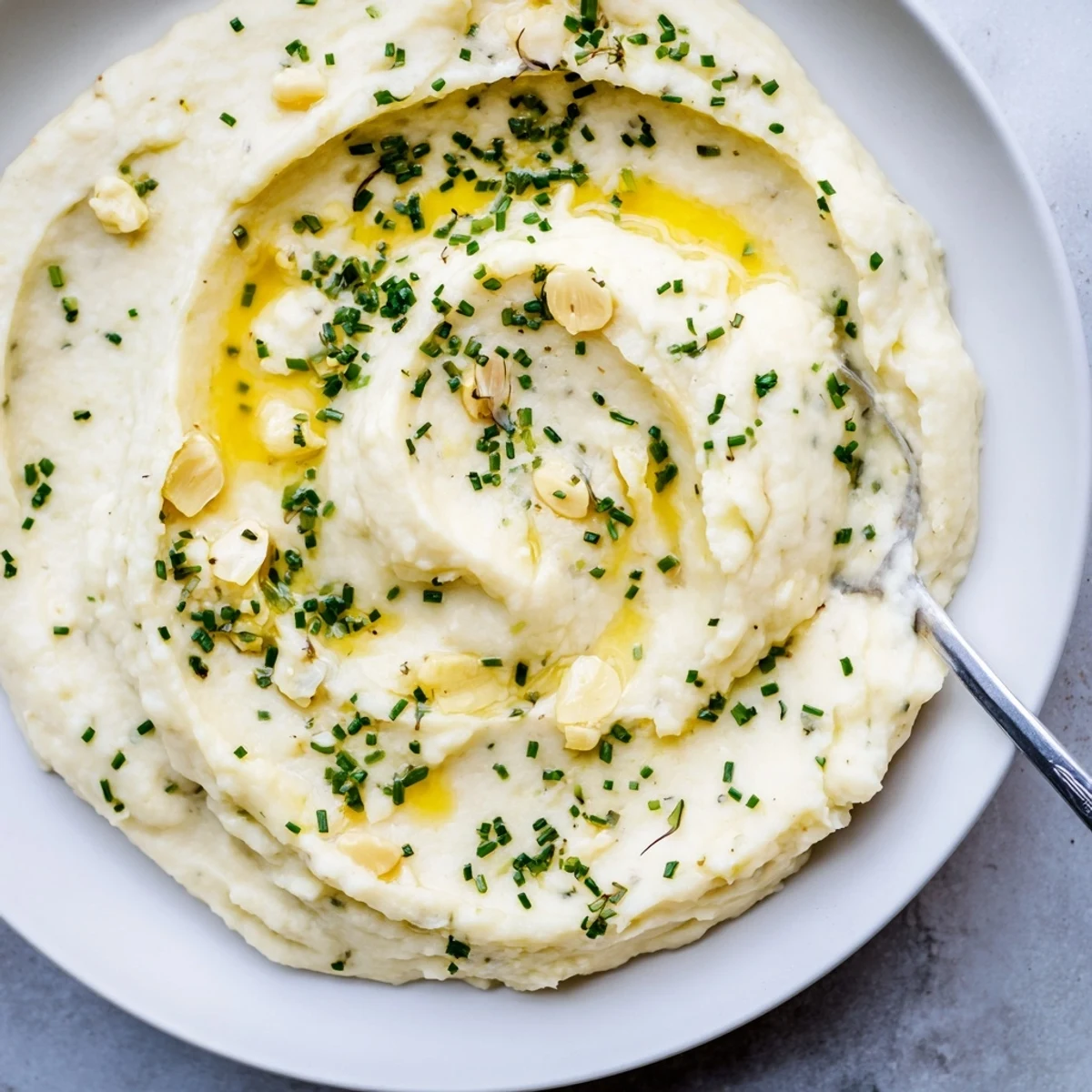 A spoonful of creamy Roasted Garlic Mashed Cauliflower with Chives, highlighting the smooth, velvety texture against rustic wood.