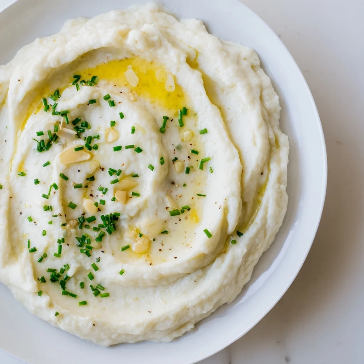 Roasted Garlic Mashed Cauliflower with Chives in a white serving bowl, garnished with fresh herbs and a pat of butter.
