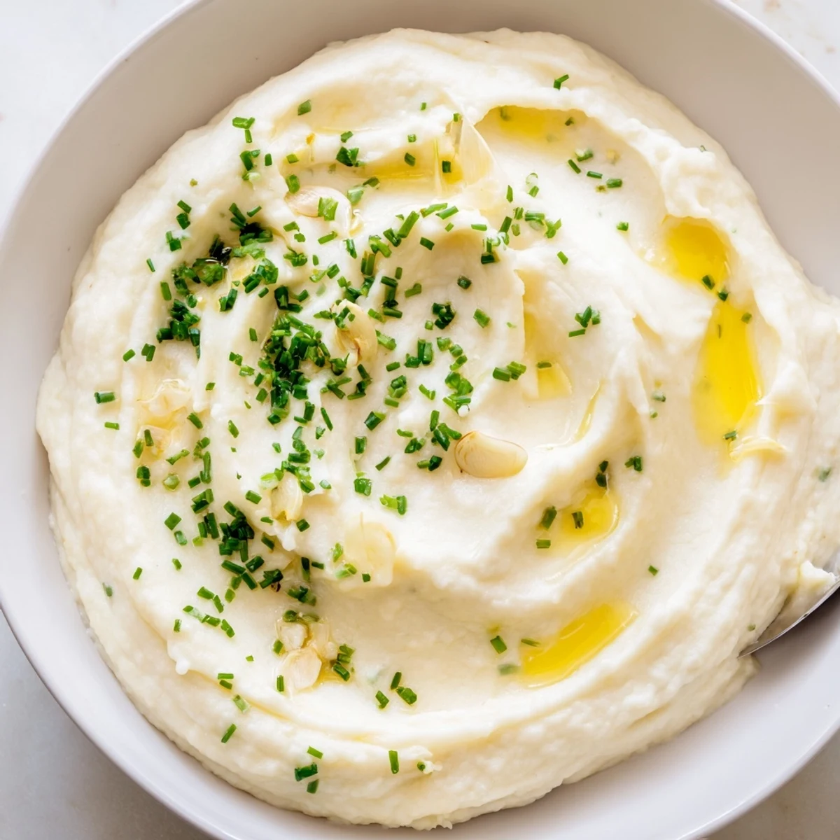 Roasted Garlic Mashed Cauliflower with Chives plated beside grilled chicken, showcasing a low-carb American dinner side dish.