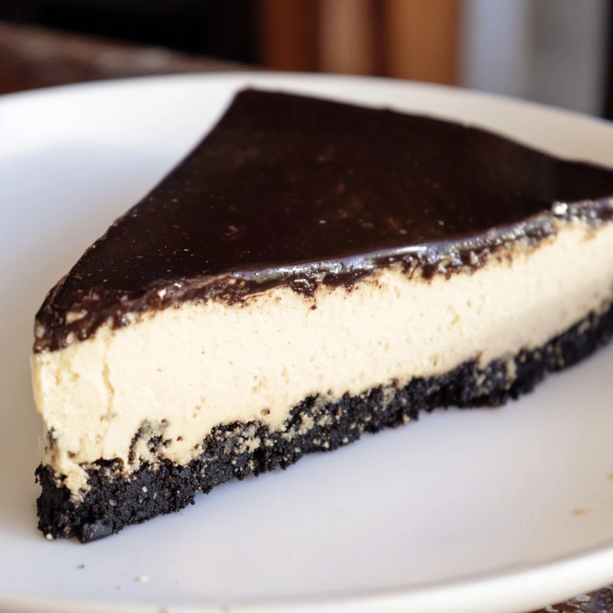 The finished Irish Cream Cheesecake with Chocolate Ganache sliced on a white plate.