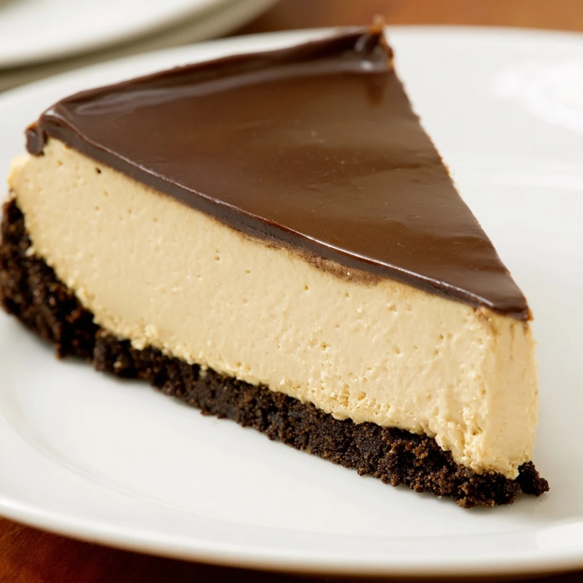 A rich Irish Cream Cheesecake with Chocolate Ganache displayed on a marble countertop.