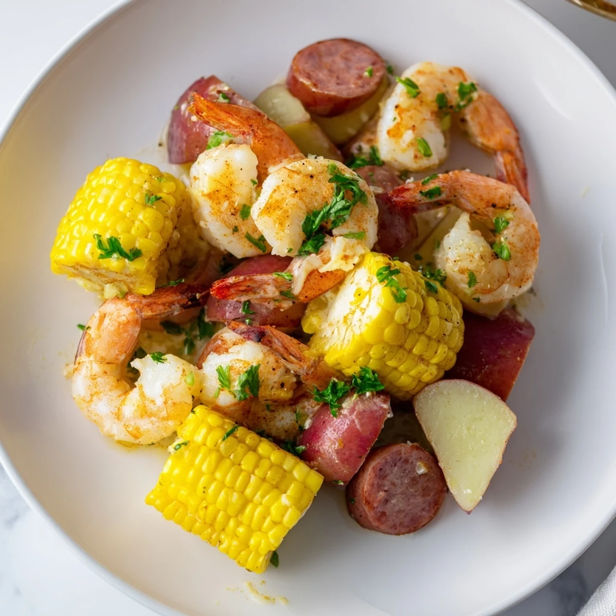 A hearty Cajun Shrimp Boil features pink shrimp, golden corn, and spicy sausage for sharing.