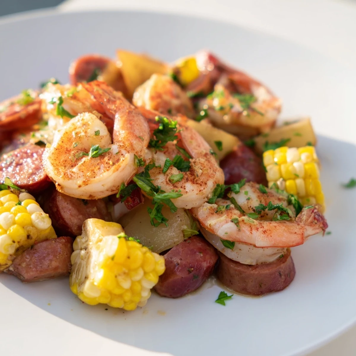 Steaming Cajun Shrimp Boil with corn, potatoes, and andouille sausage on a rustic table.