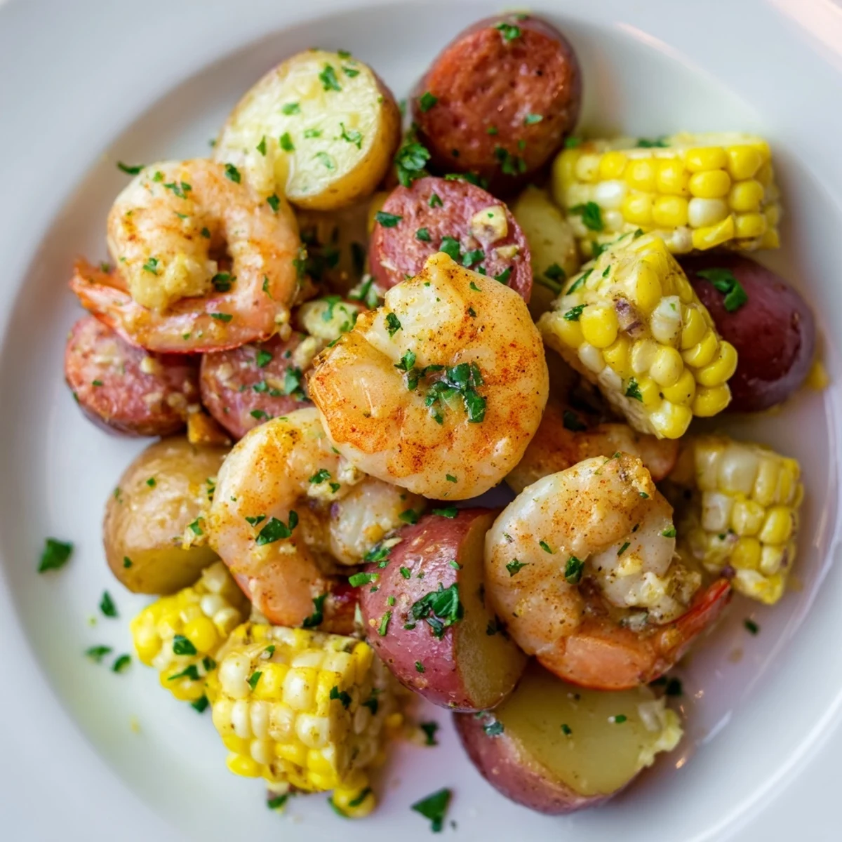 Sizzling Cajun Shrimp Boil served with melted butter, lemon wedges, and fresh parsley.
