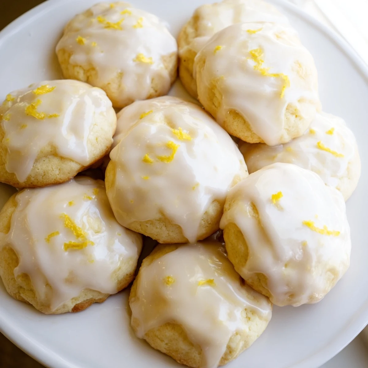 Stacked Lemon Ricotta Cookies with Lemon Glaze on a plate, the soft texture and fresh lemon aroma invite a sweet afternoon treat.