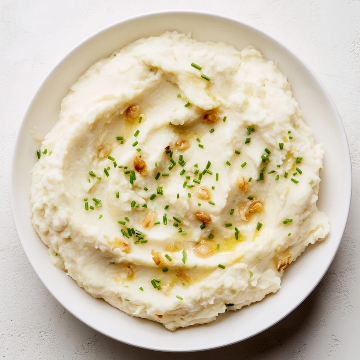 Creamy roasted garlic mashed cauliflower with chives in a rustic white bowl, showing the fluffy texture and golden flecks of herbs.  