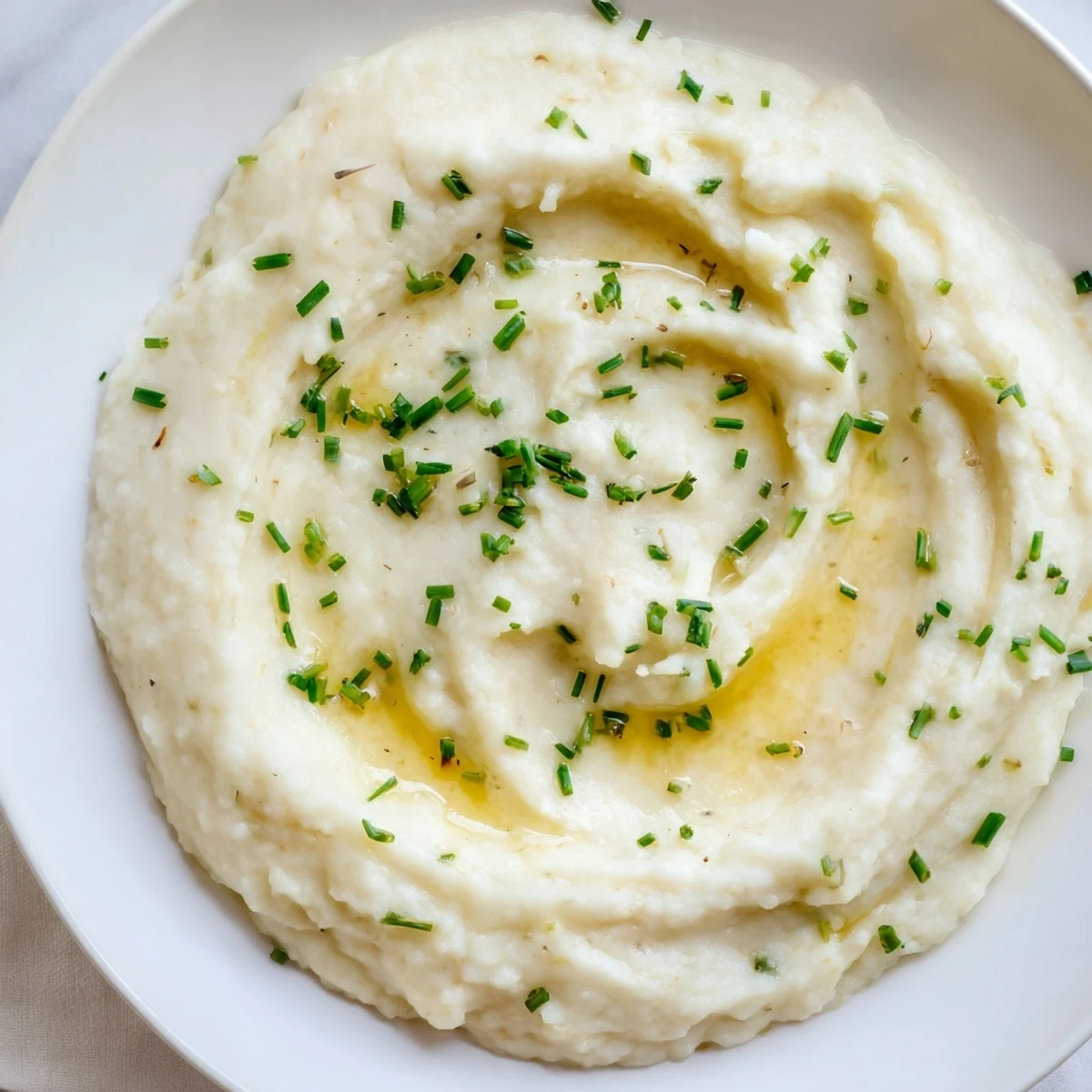 Steamed cauliflower mashed with roasted garlic and butter, topped with chopped chives for a flavorful gluten-free side dish.