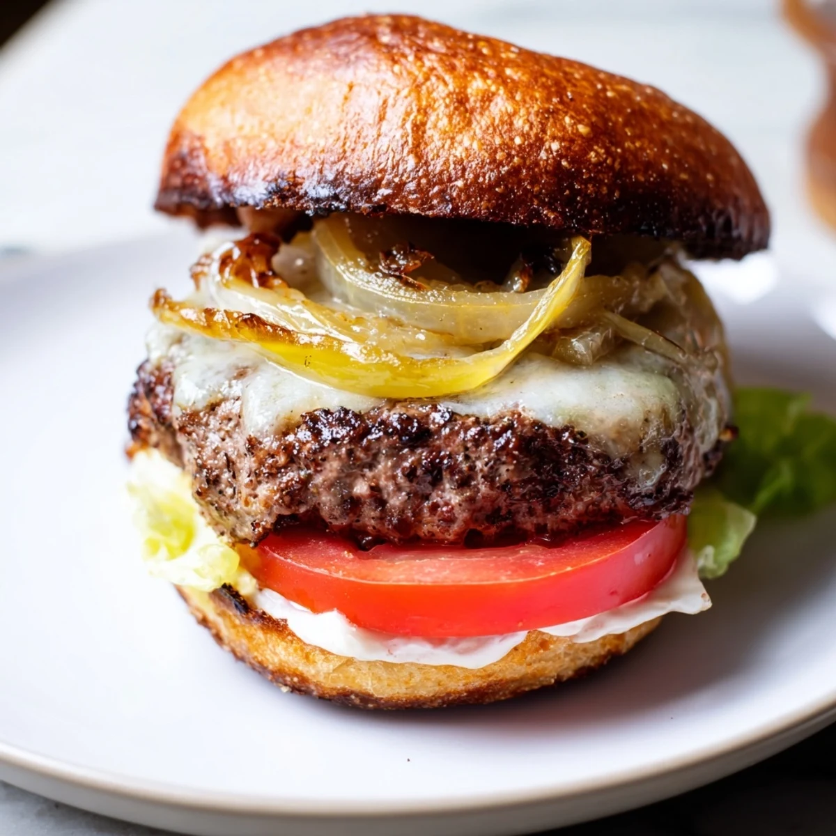 Mouthwatering Beef Burger with Caramelized Onions and Swiss, featuring a juicy patty and rich toppings on a toasted bun.