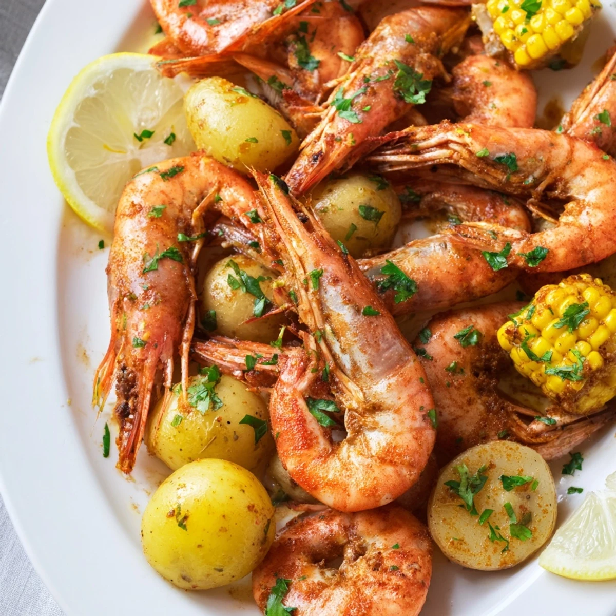 A steaming platter of Cajun Shrimp Boil with Corn and Potatoes, brimming with pink shrimp, golden corn cobs, and tender potatoes.  