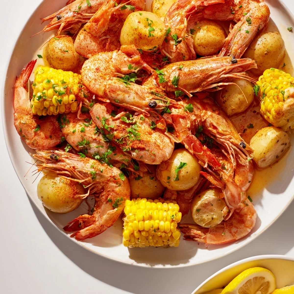 Close-up of Cajun Shrimp Boil with Corn and Potatoes, with glistening Andouille sausage slices and a sprinkle of fresh parsley garnish.  