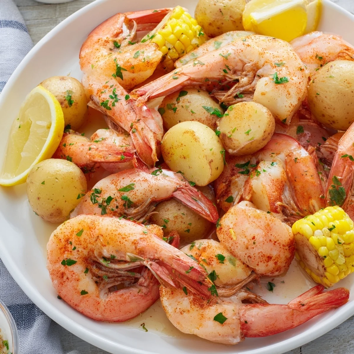 Family-style Cajun Shrimp Boil with Corn and Potatoes served on a newspaper-lined table with lemon wedges and a side of hot sauce.