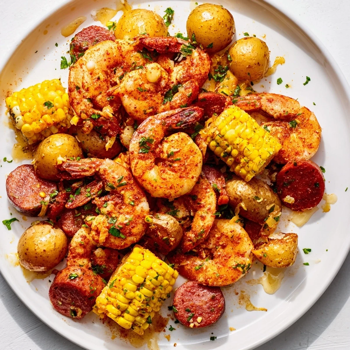 Golden Cajun Shrimp Boil with Corn and Potatoes served on a newspaper-lined table with melted butter and lemon wedges.