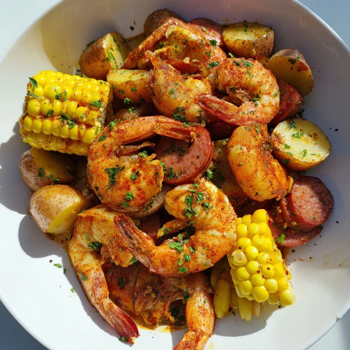 Steaming Cajun Shrimp Boil with Corn and Potatoes features tender shrimp, smoky Andouille sausage, and bright corn cobs.