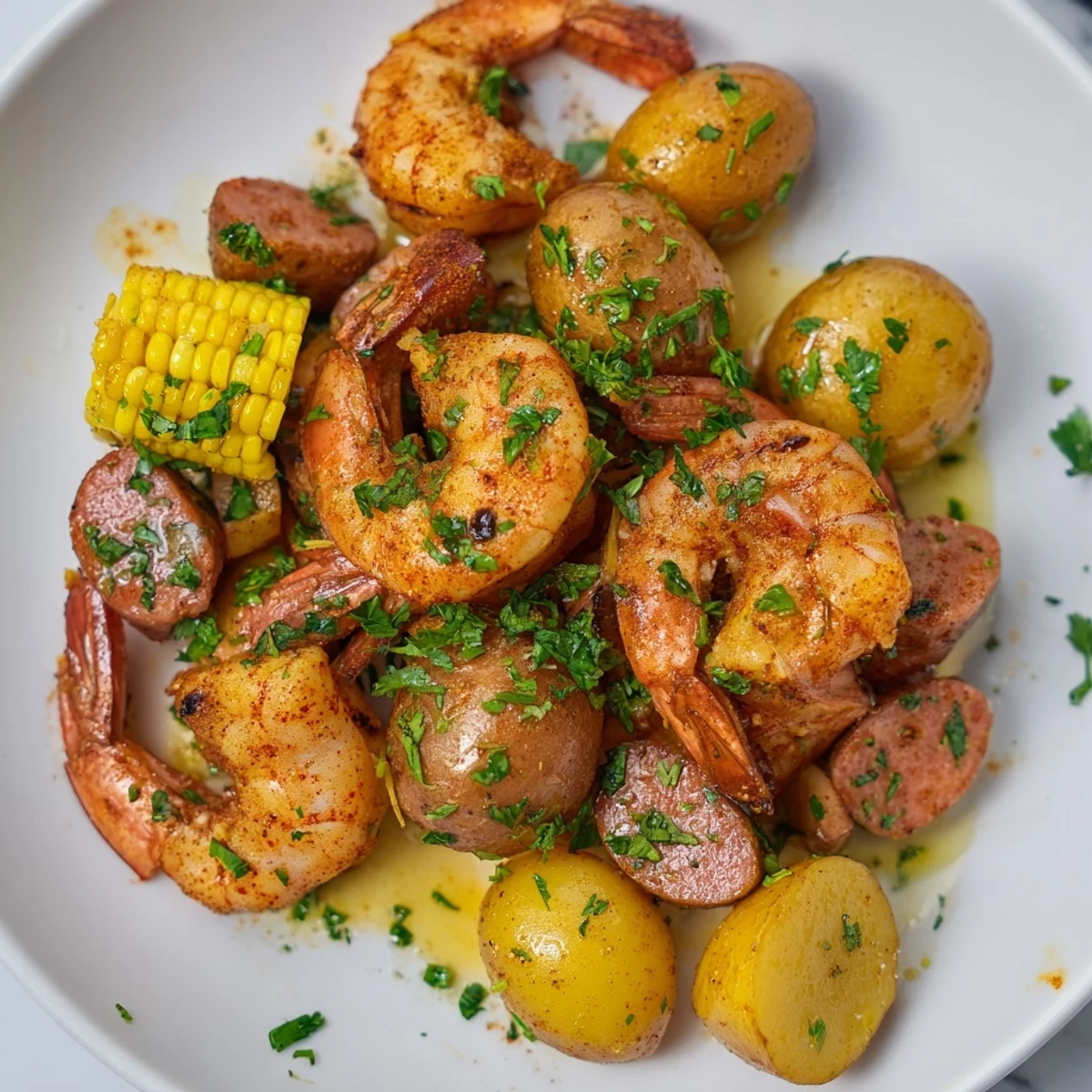 A hearty Cajun Shrimp Boil with Corn and Potatoes spills from a pot onto a platter with fresh parsley.
