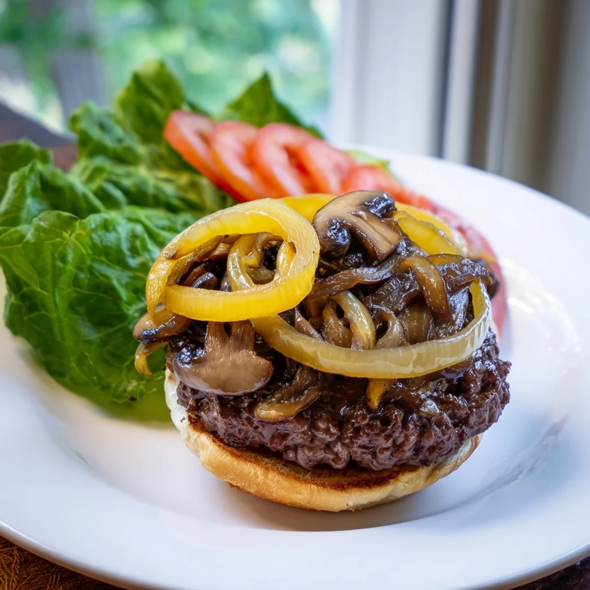 Savor the juicy Beef Burger with Caramelized Onions and Mushrooms garnished with lettuce and fresh tomato slices.