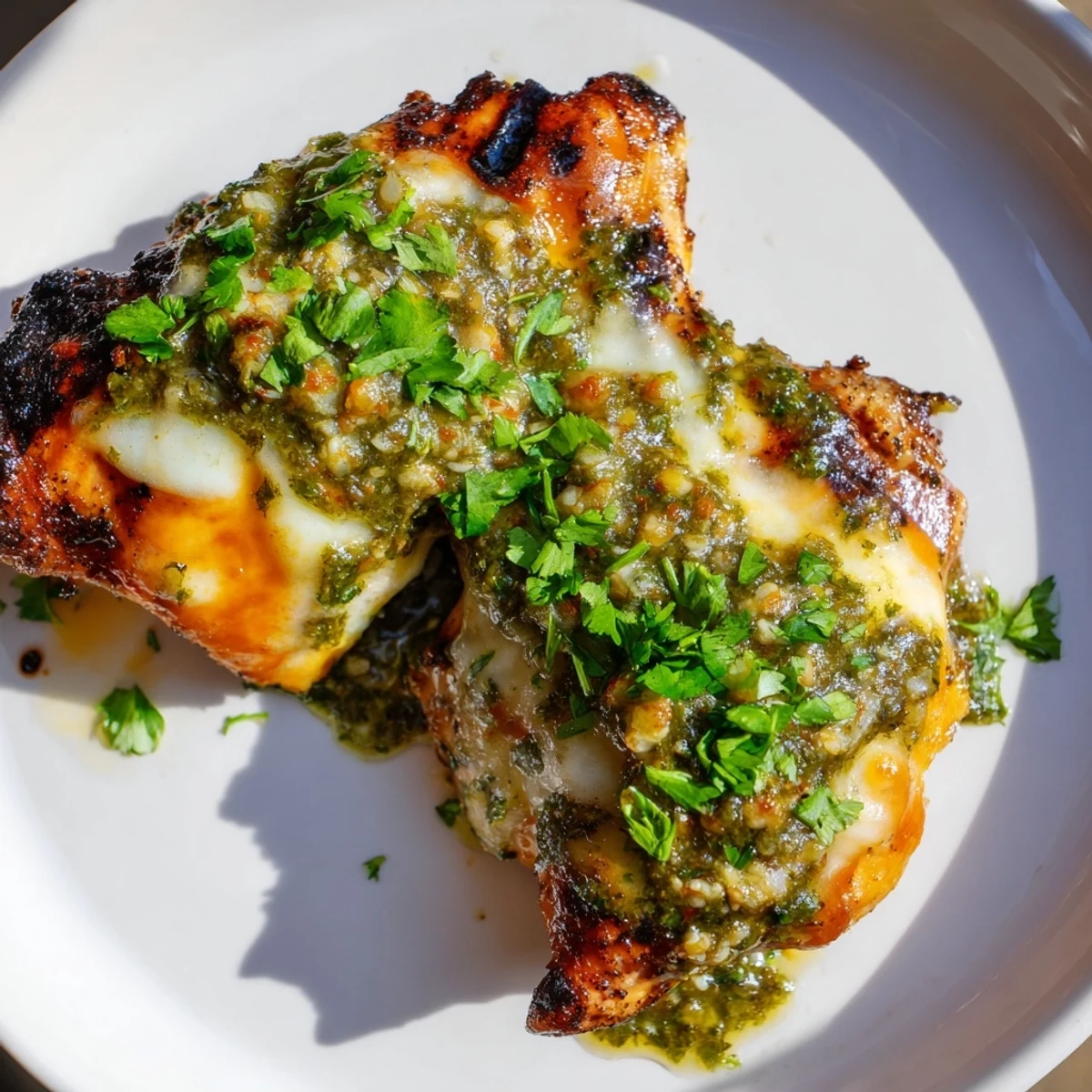 Grilled Salsa Verde Pepper Jack Chicken topped with melted cheese and fresh cilantro on a plate.