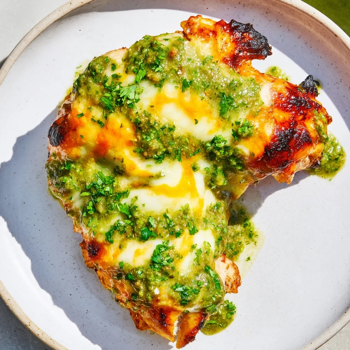 This Grilled Salsa Verde Pepper Jack Chicken features juicy grilled breasts with zesty salsa verde and melted pepper jack cheese.