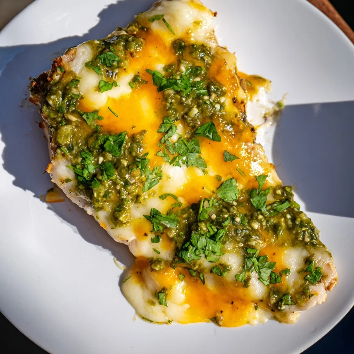 Serving Grilled Salsa Verde Pepper Jack Chicken with lime wedges and avocado slices for a summer Tex-Mex meal.