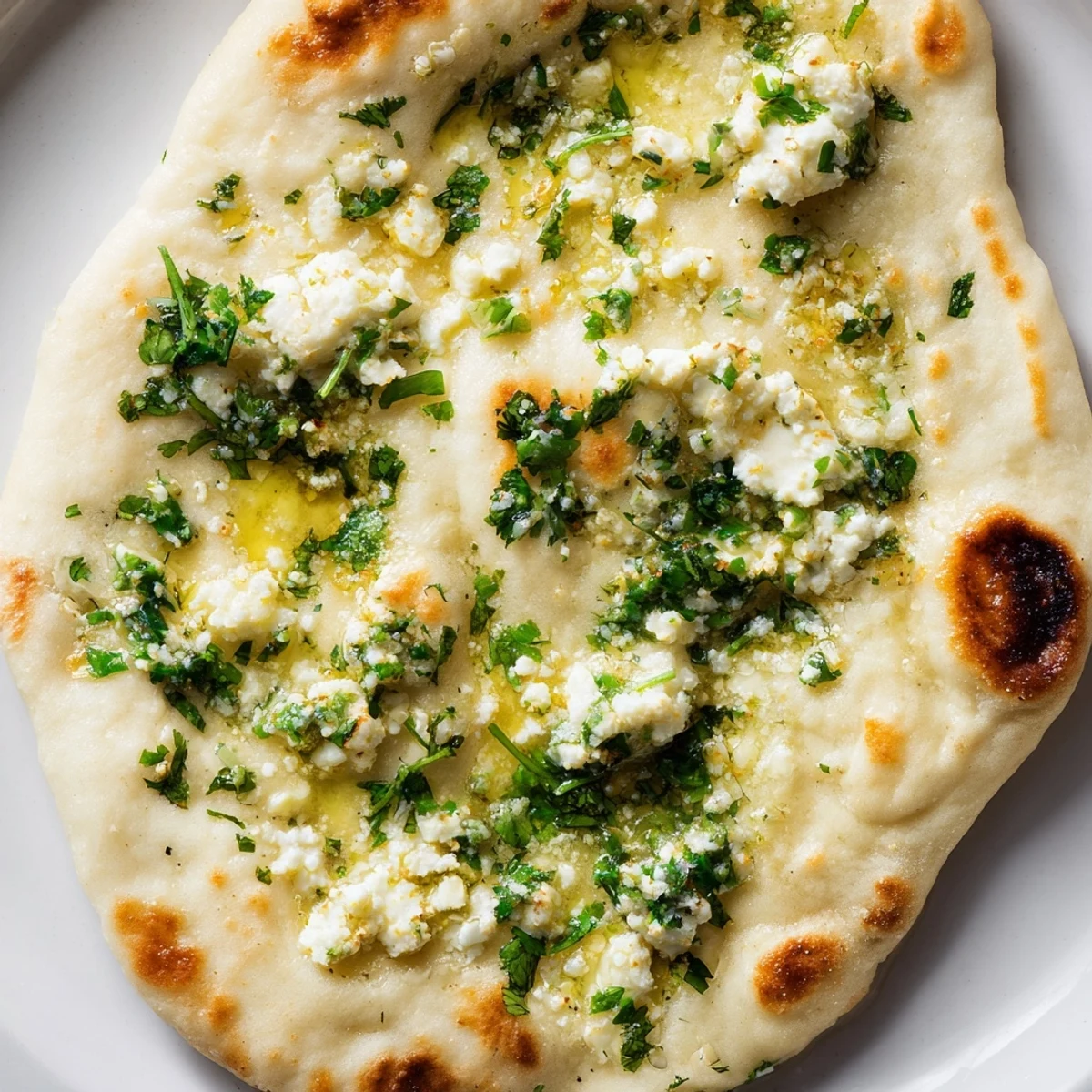 Golden-brown Cottage Cheese Garlic Naan brushed with butter and herbs, served warm beside a bowl of creamy curry.