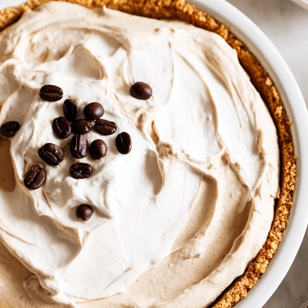 A chilled keto cold brew coffee pie slice on a white plate, showing the creamy filling and almond flour crust