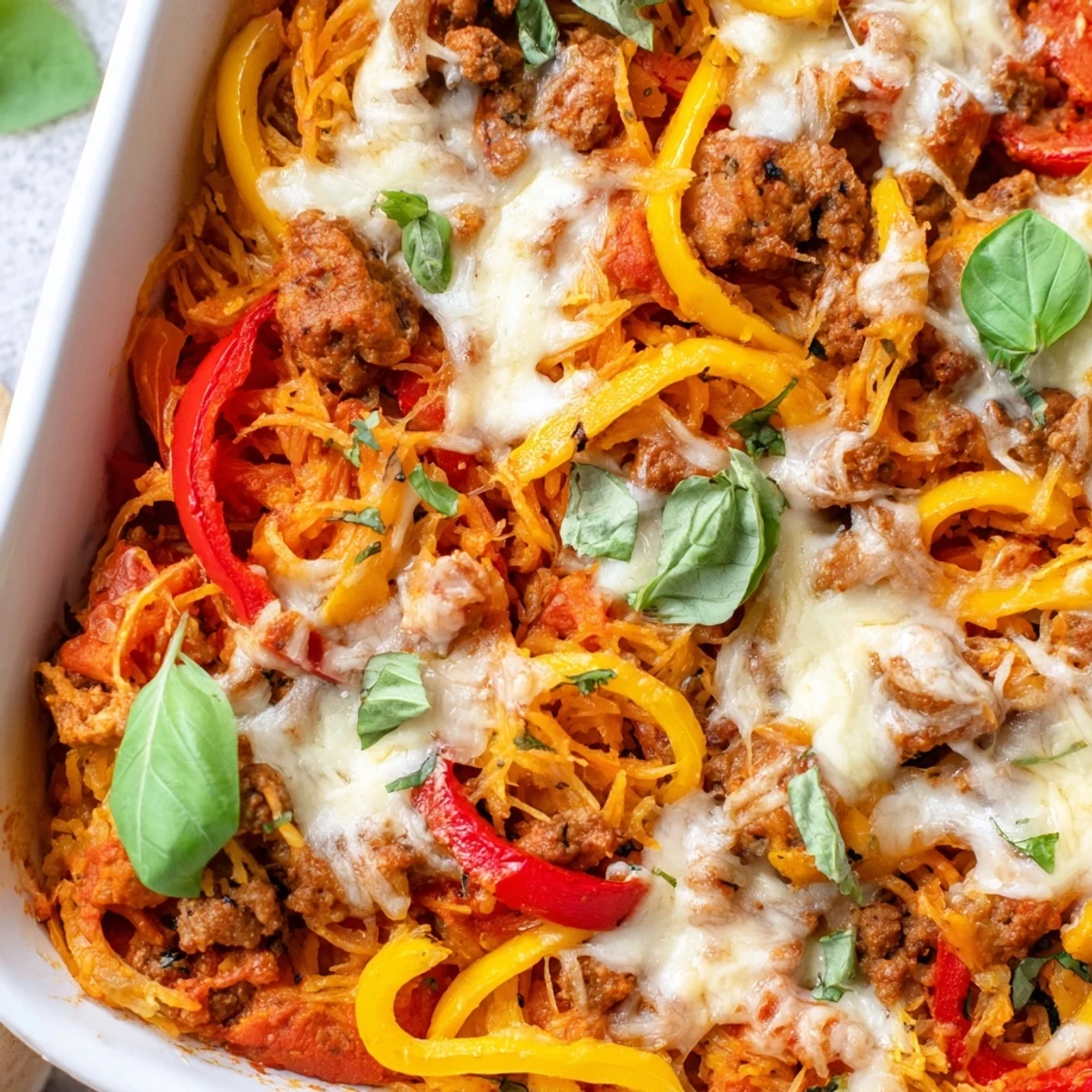Golden, bubbly mozzarella and Parmesan top the Sausage and Peppers Spaghetti Squash Casserole, revealing roasted squash strands and rich red sauce in a white baking dish.