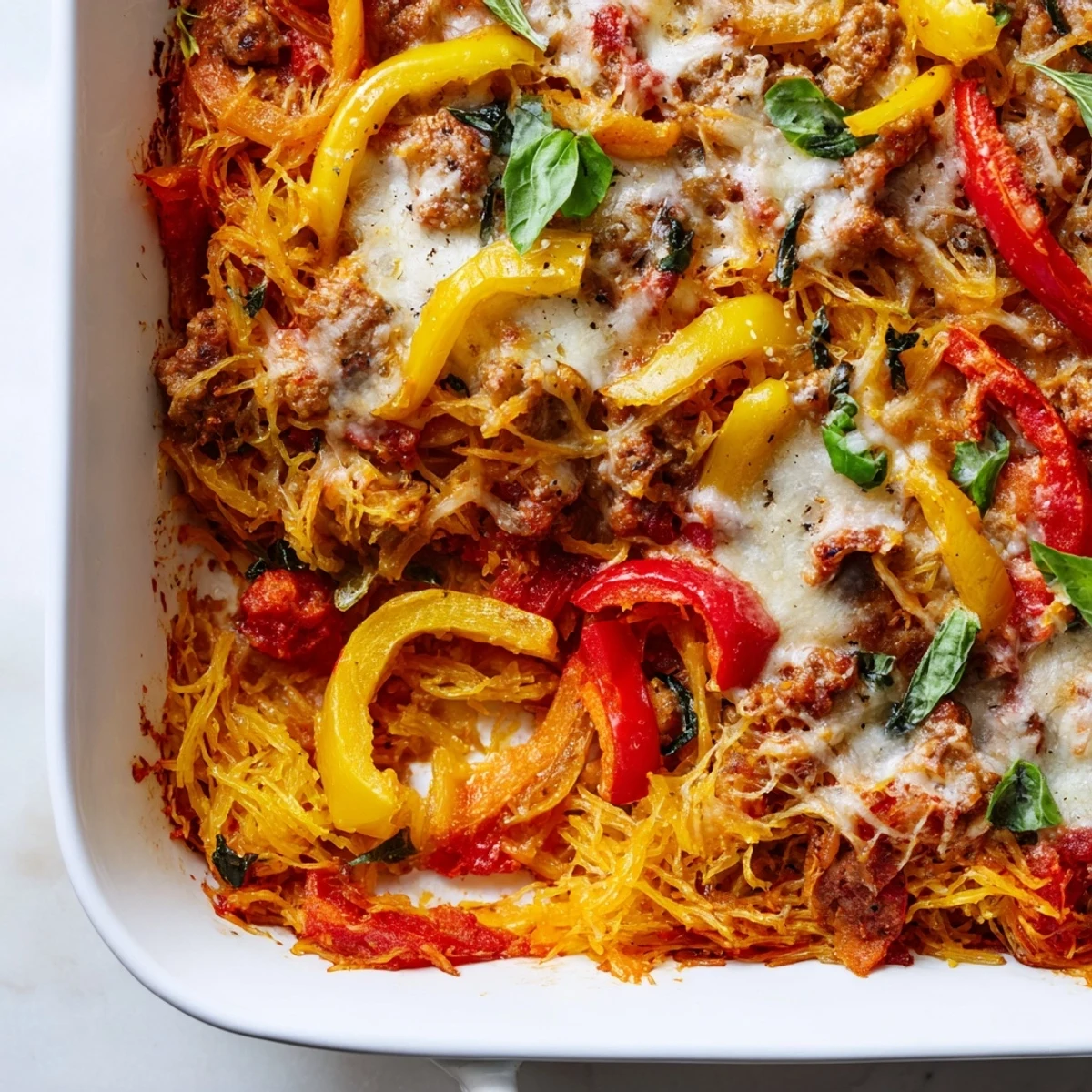 Roasted spaghetti squash halves filled with savory Italian sausage, red and yellow bell peppers, and tomato sauce for the Sausage and Peppers Spaghetti Squash Casserole.