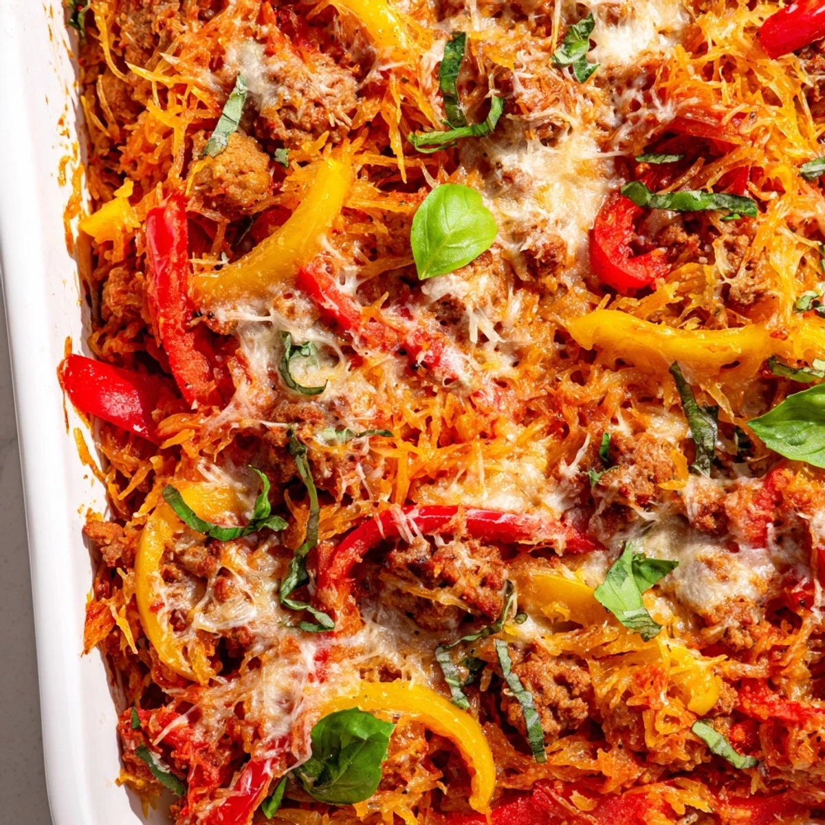 Fresh basil garnishes a hearty serving of Sausage and Peppers Spaghetti Squash Casserole beside a simple green salad, with steam rising from the cheesy topping.