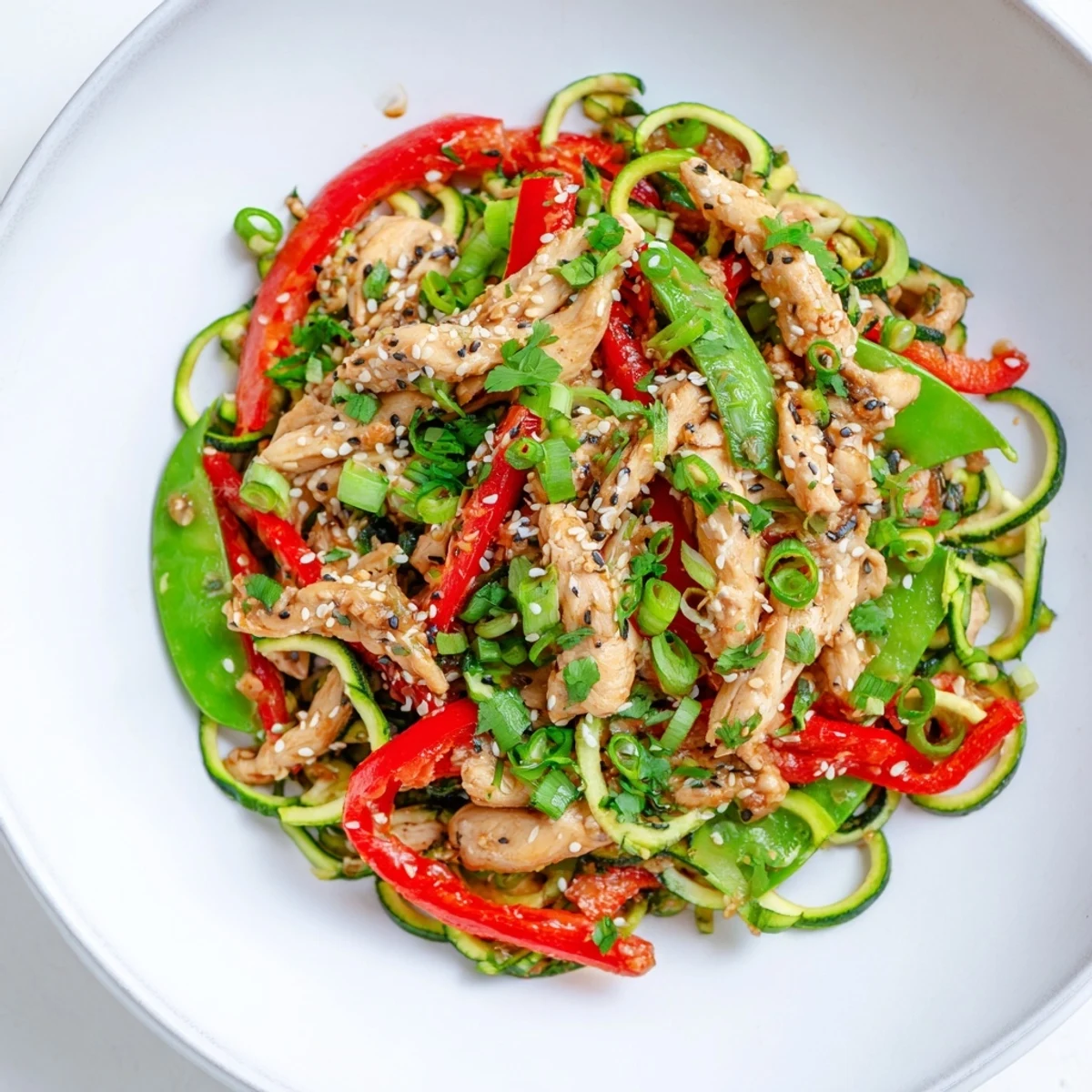 Golden-brown chicken pieces tossed with green zucchini noodles and vibrant red bell pepper strips in a savory garlic sauce on a white plate.