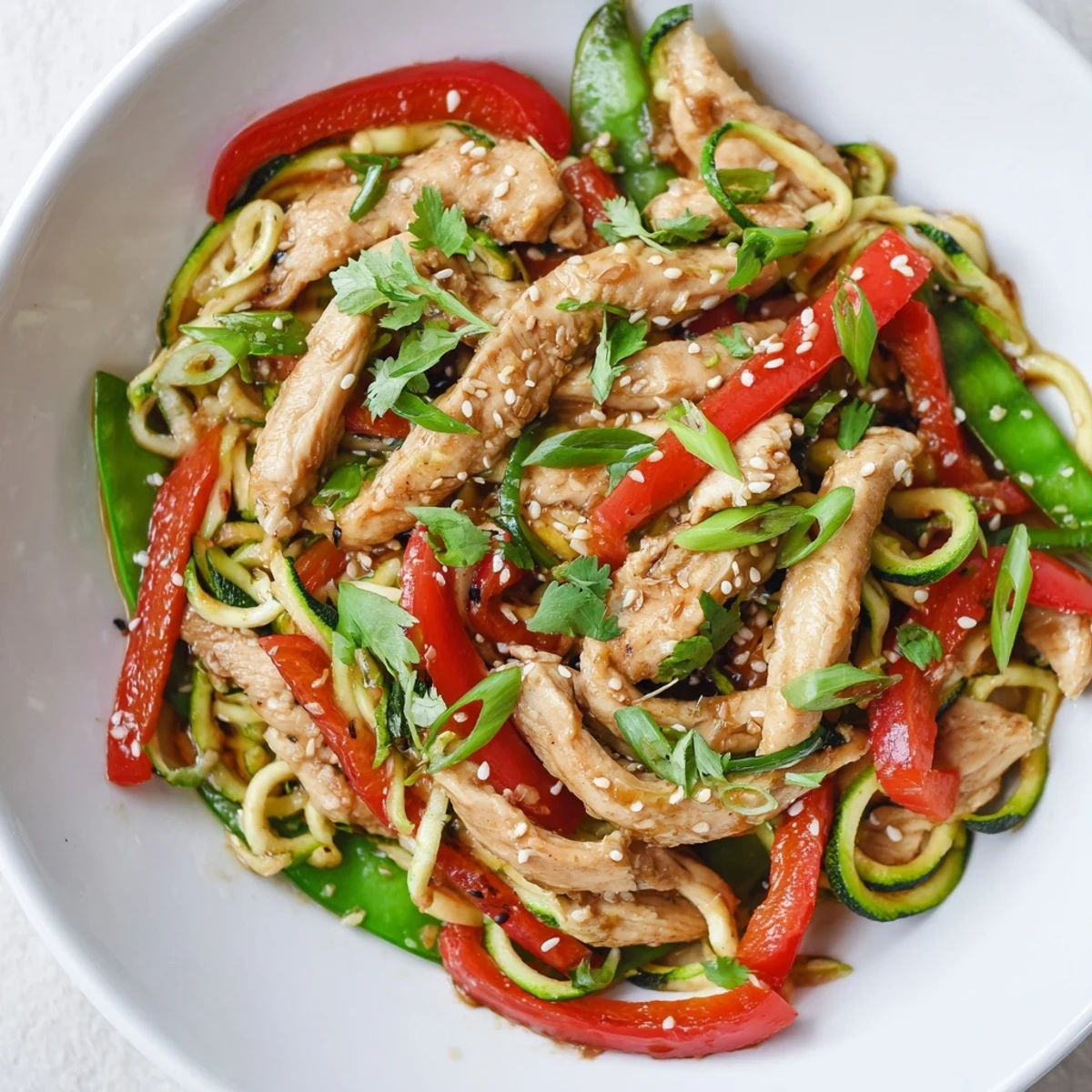 Overhead shot of a healthy Garlic Chicken Zucchini Noodles Stir Fry served in a bowl with chopsticks nearby, highlighting the colorful vegetables.