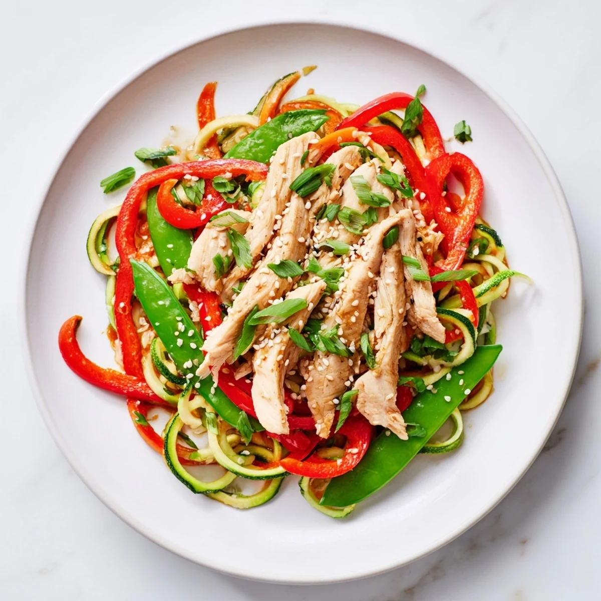 A close-up view shows glistening garlic chicken stir fry with crisp snap peas and zucchini noodles, garnished with sesame seeds and fresh cilantro.