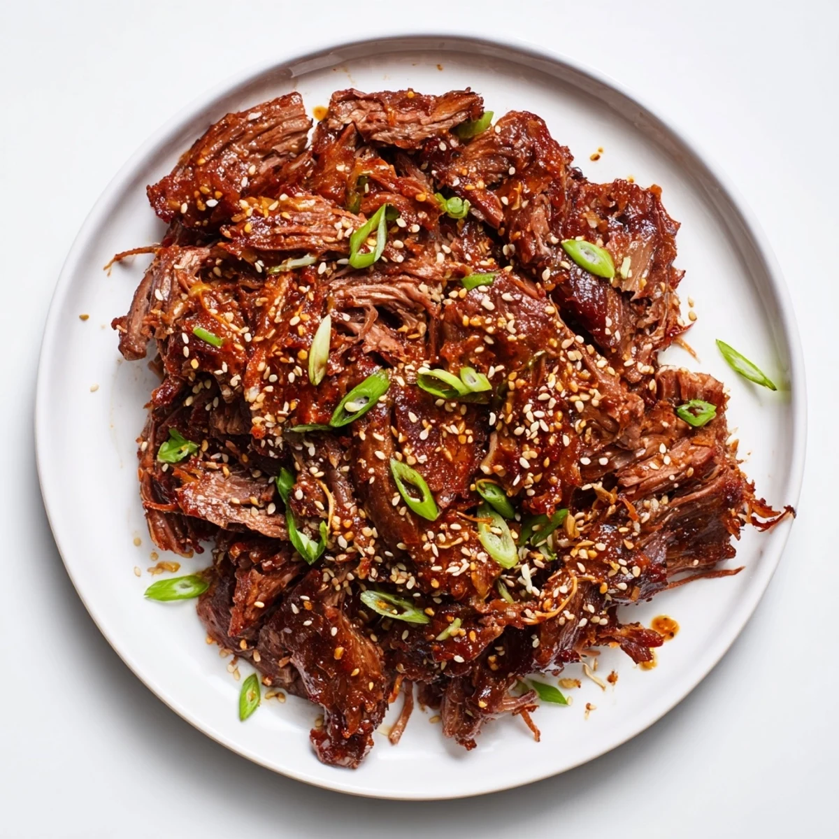 Shredded Slow Cooker Korean Beef with gochujang glaze served steaming over fluffy white rice and topped with fresh green onions.
