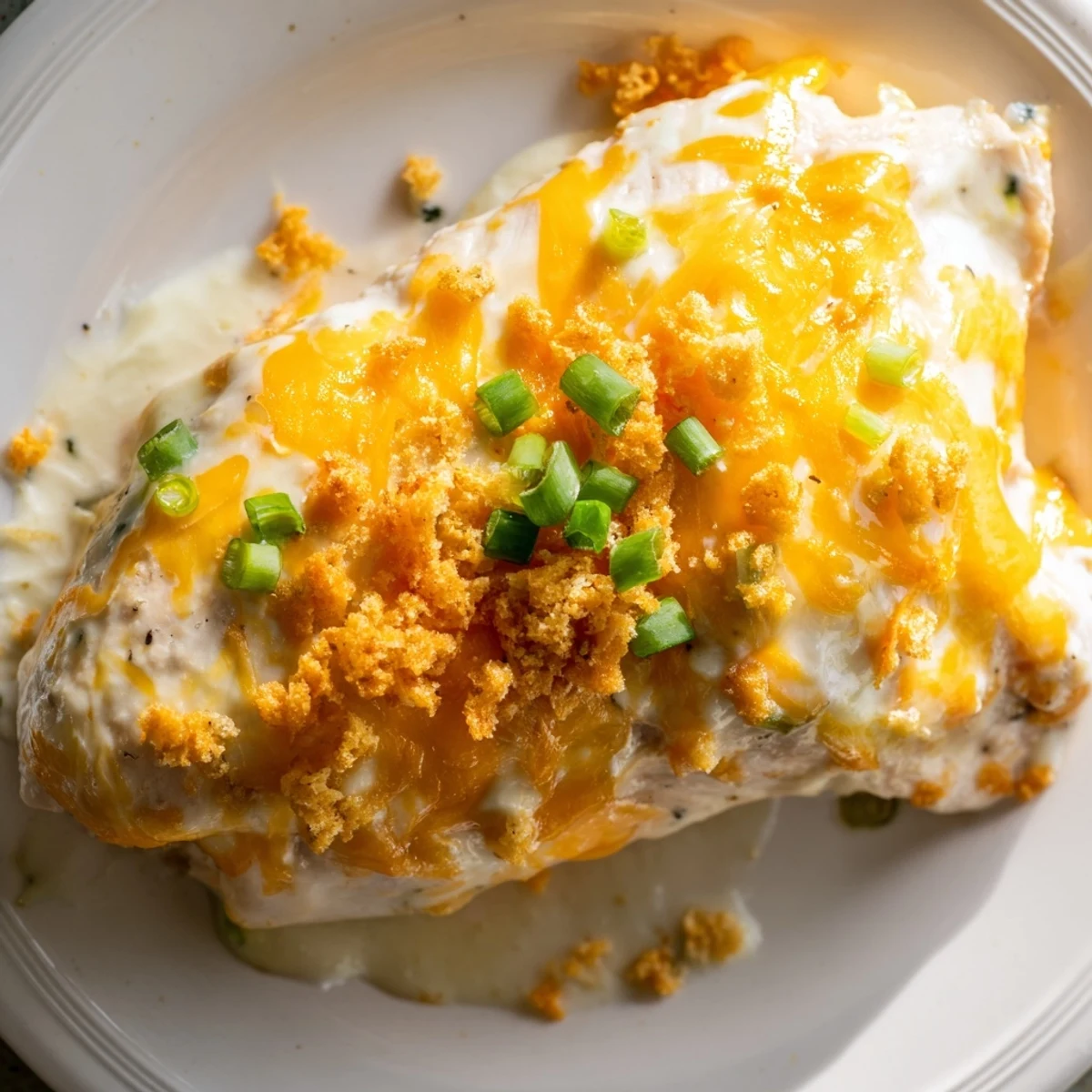 Juicy Sour Cream and Onion Chicken emerges from the oven, featuring a bubbly, savory sauce with crunchy gluten-free cracker topping and fresh green onion garnish on a rustic wooden table.