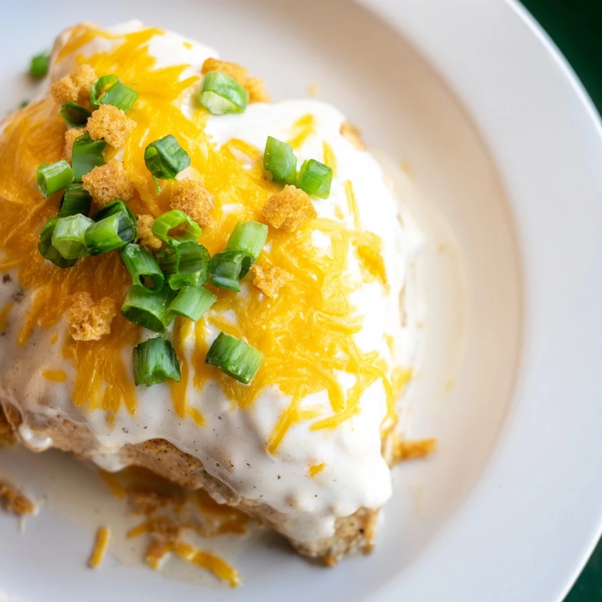 Golden-brown baked Sour Cream and Onion Chicken breasts sit in a creamy sauce, topped with melted cheddar and green onions, served alongside steamed vegetables on a white plate.