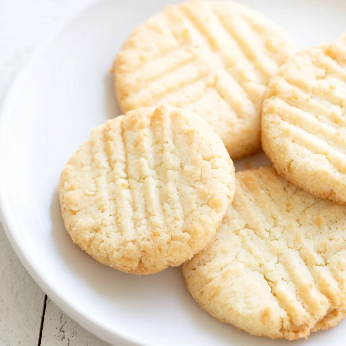 Golden Keto Butter Cookies arranged neatly on parchment paper with a small bowl of powdered sweetener nearby.