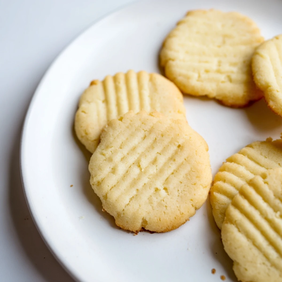 Freshly made Keto Butter Cookies stacked on a white plate, showcasing their tender texture and buttery finish.