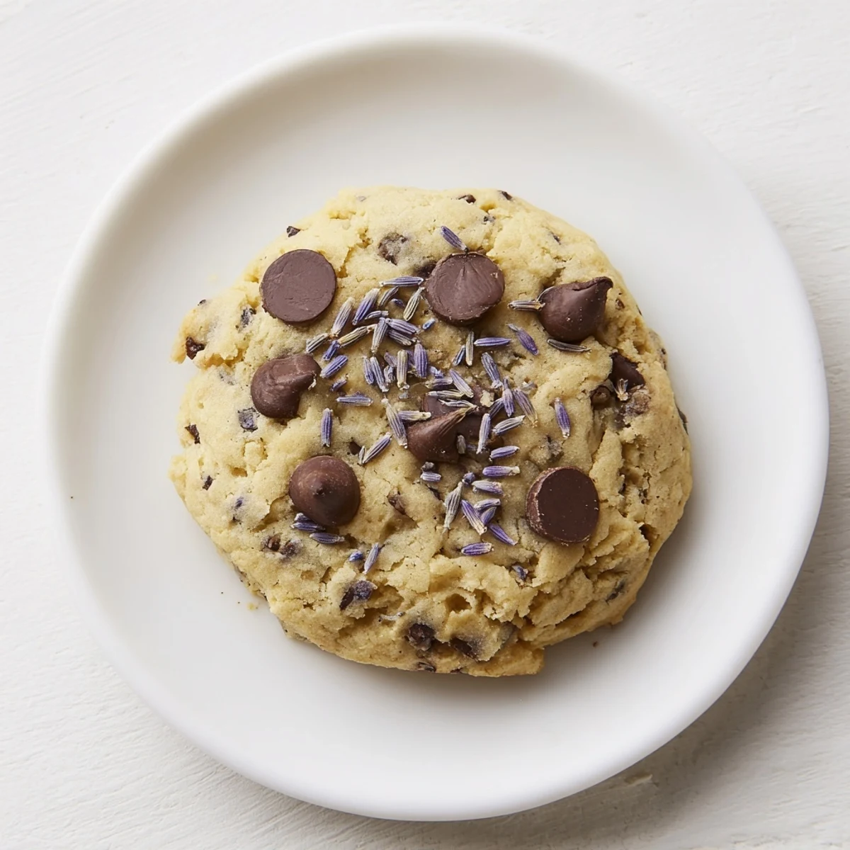 A close-up of Lavender Chocolate Chip Cookies showing golden edges and a soft, chewy center on a rustic baking sheet.