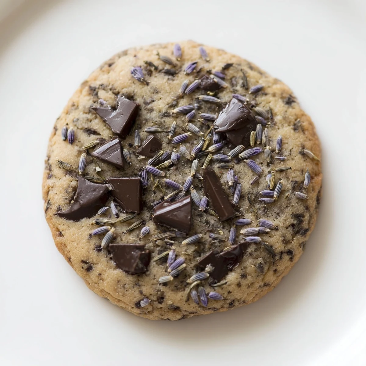 Freshly baked Lavender Chocolate Chip Cookies on a cooling rack with melty chocolate bits and a hint of floral lavender.