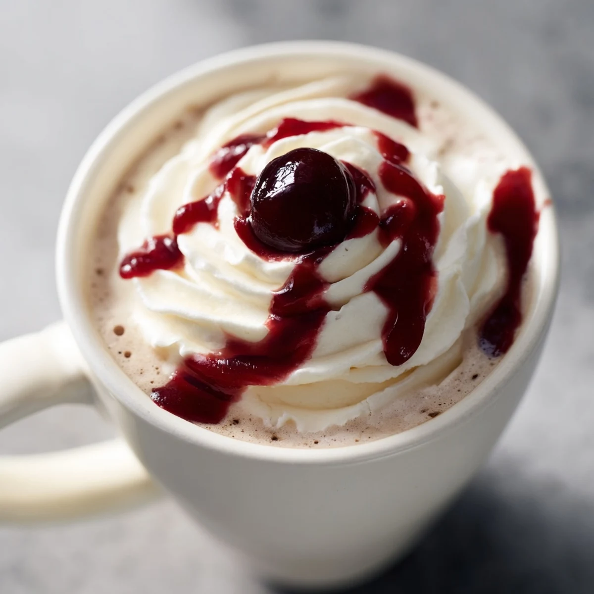 A close-up of the creamy, frothy Viral Cherry Vanilla Latte garnished with a maraschino cherry and vanilla bean.