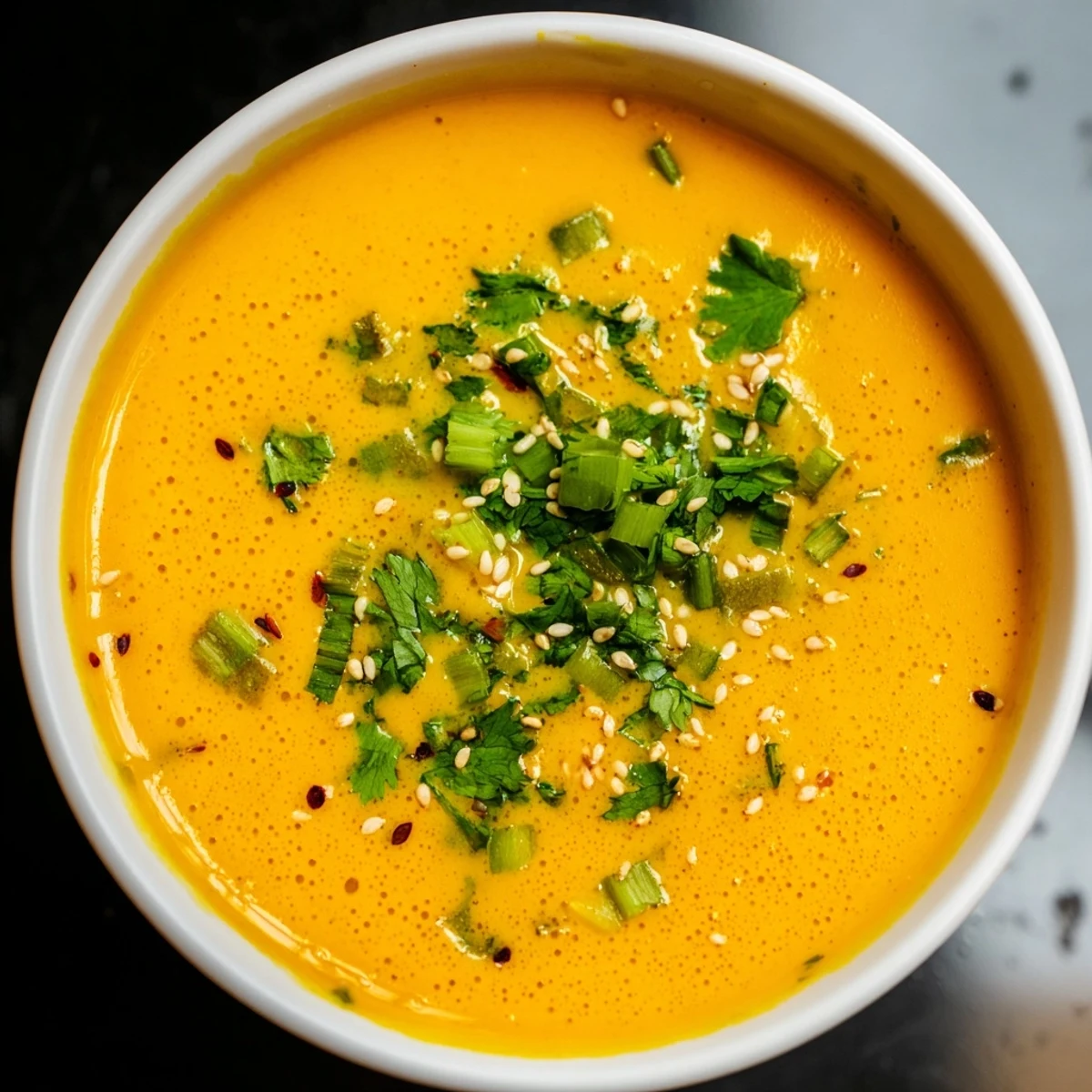 A warm bowl of Spicy Miso Carrot Soup garnished with fresh cilantro and toasted sesame seeds.