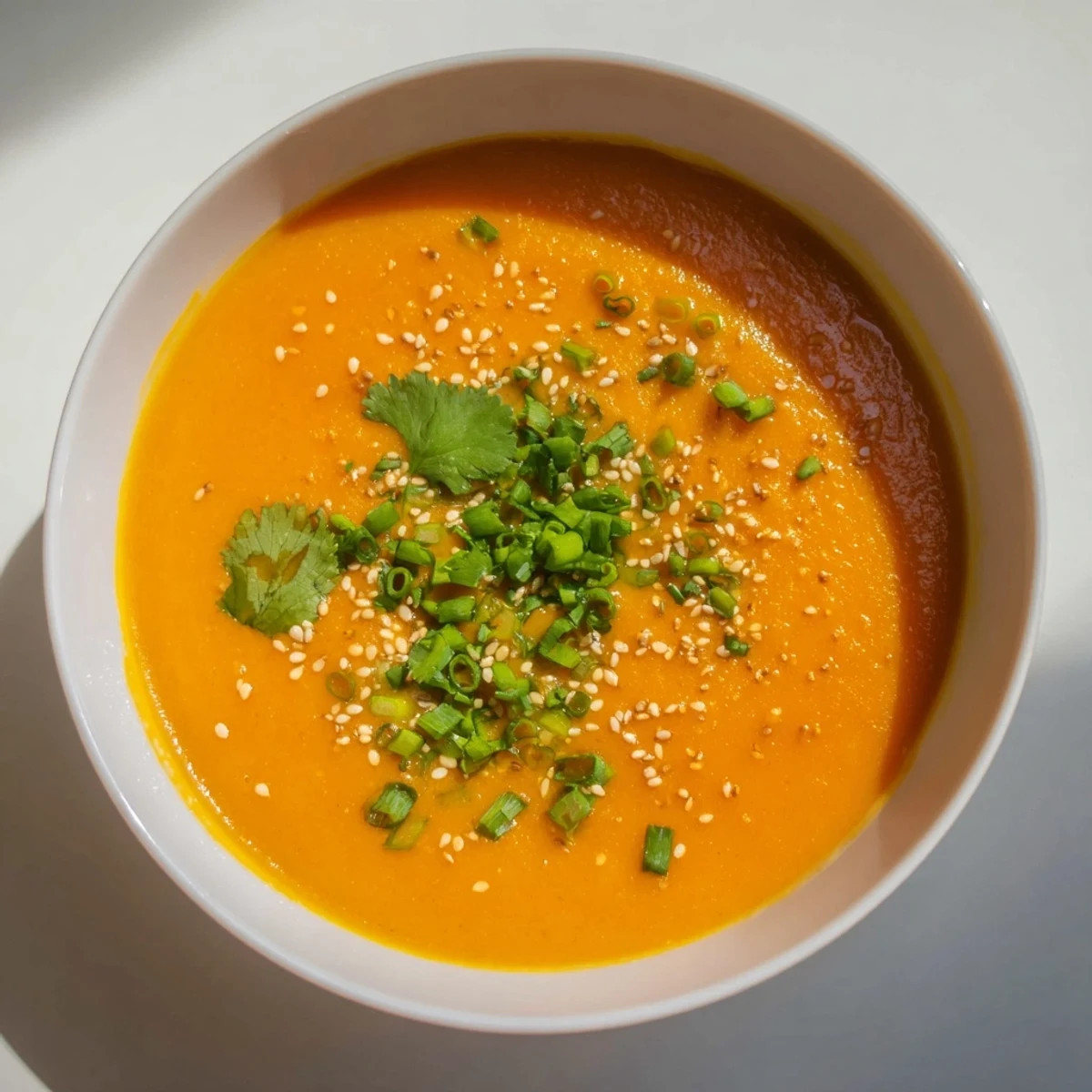 Creamy orange Spicy Miso Carrot Soup in a rustic bowl, steam rising from the vibrant, comforting meal.