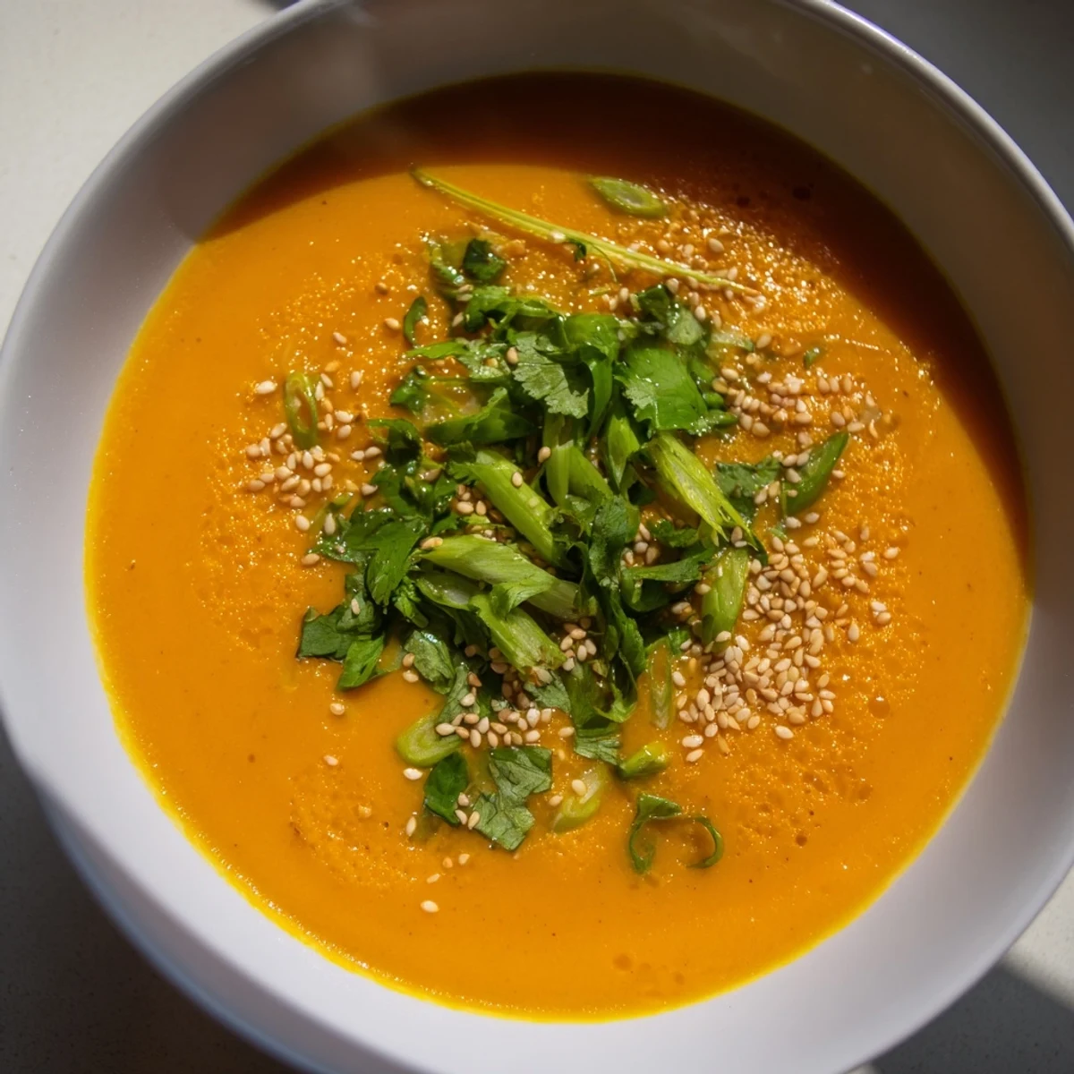 Close-up view of silky Spicy Miso Carrot Soup with sliced green onions and a lime wedge on the side.