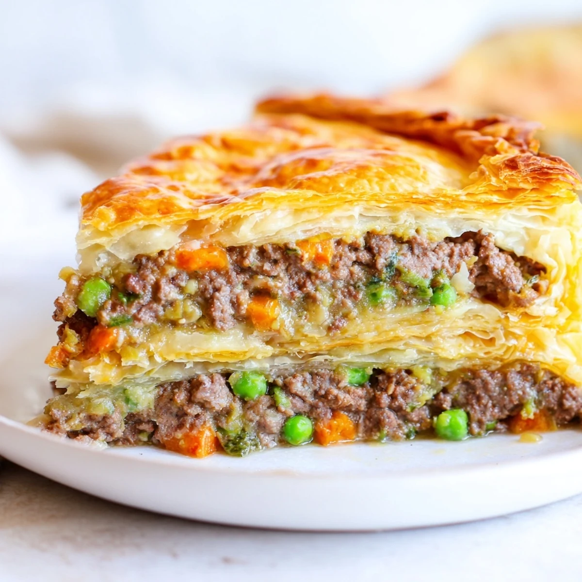 Six individual Savory Beef Meat Pies arranged on a wooden board, their rich beef and vegetable filling peeking through a vented top.